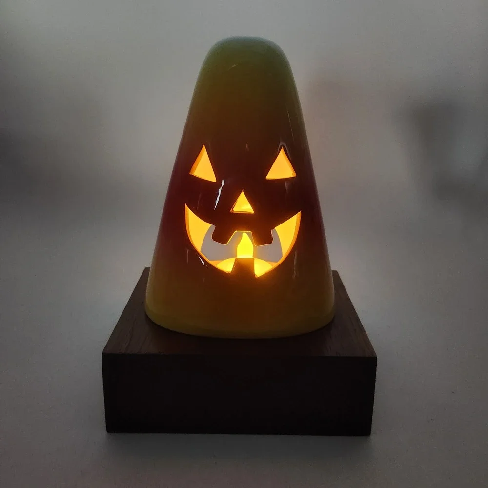 Ceramic Candy Corn Jack-O-Lantern Halloween Luminary on Solid Wood Base Large